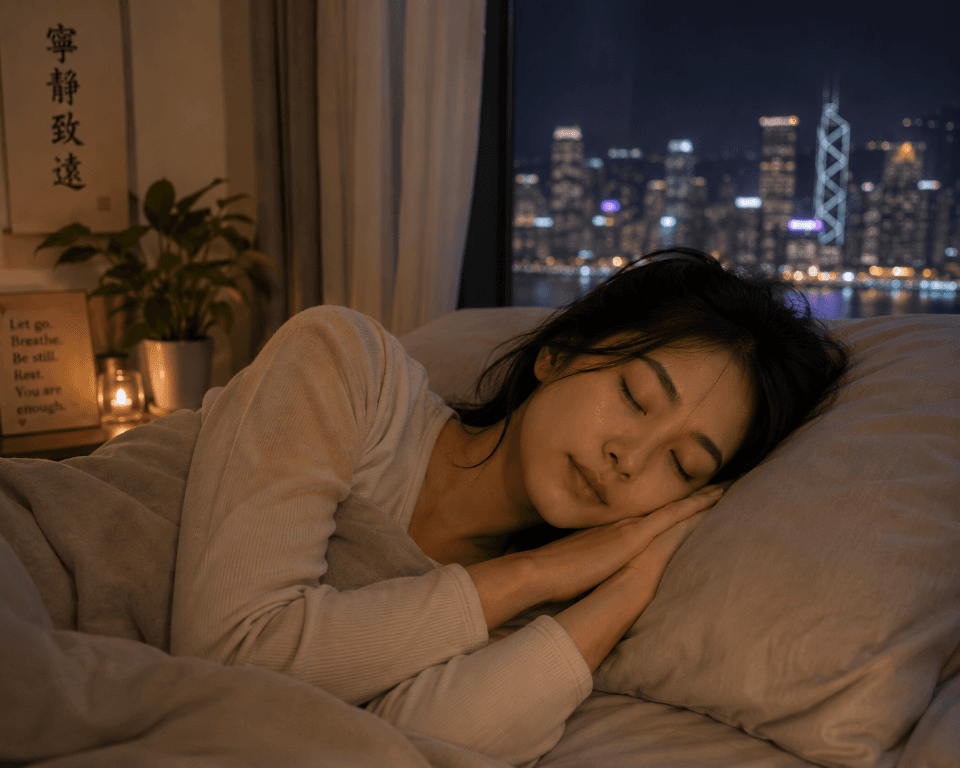 Person resting in a softly lit bedroom with a city skyline outside the window